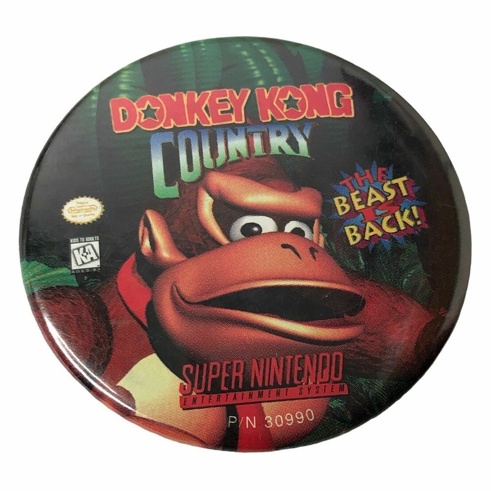 Vtg Donkey Kong Country Super Nintendo Promo 2-1/8" Button Pinback 1990s Pin